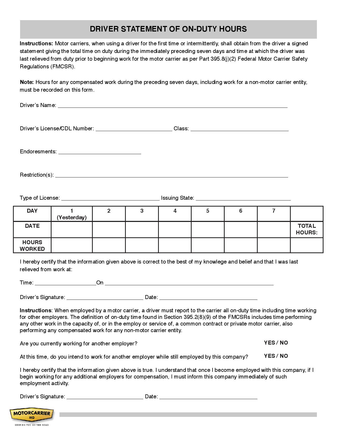 Driver statement of on-duty hours.
