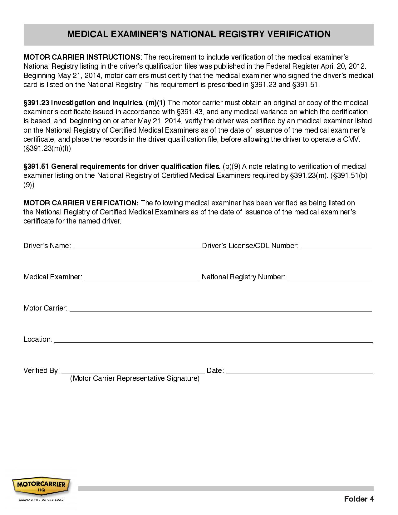 Example of a Medical Examiners National Registry document.
