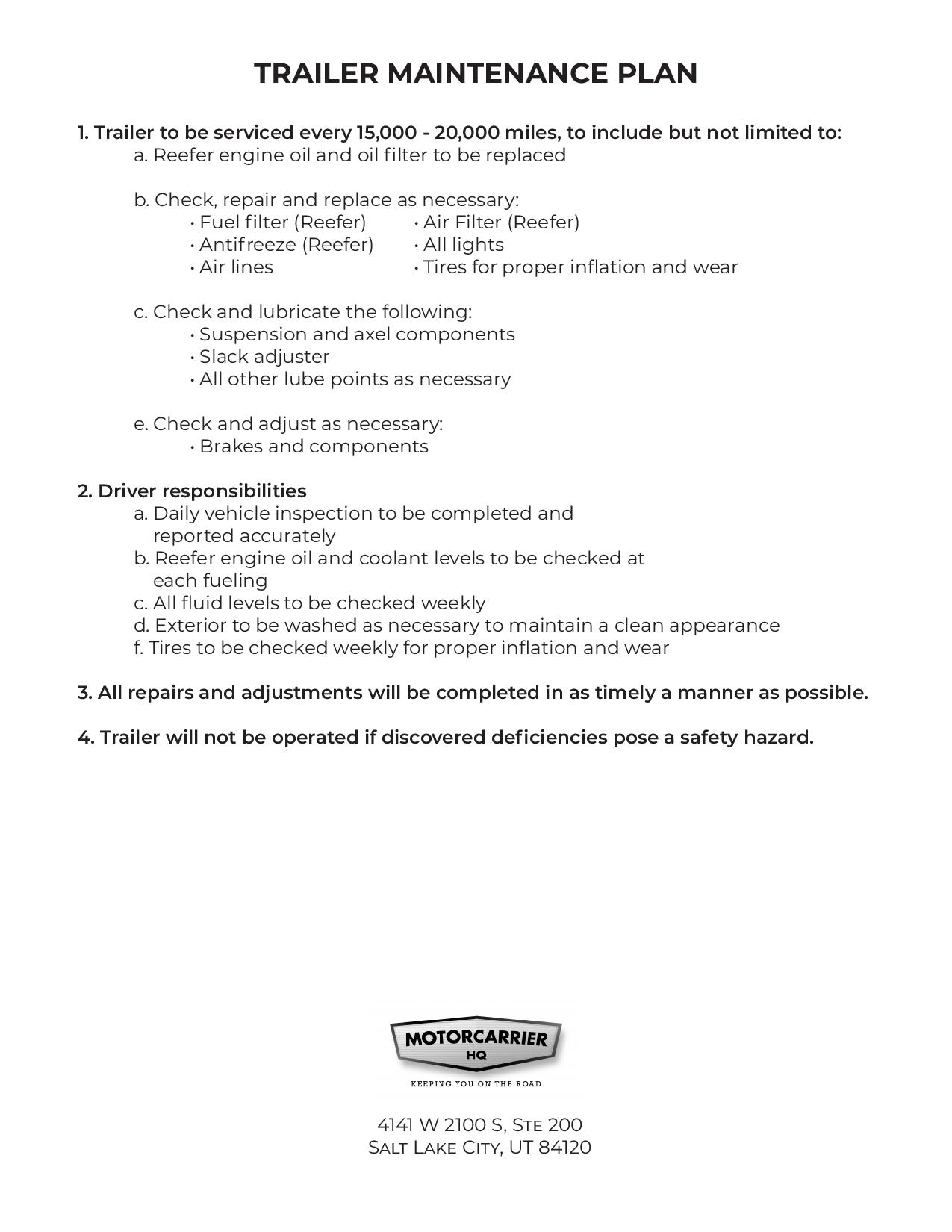 Trailer maintenance plan page.