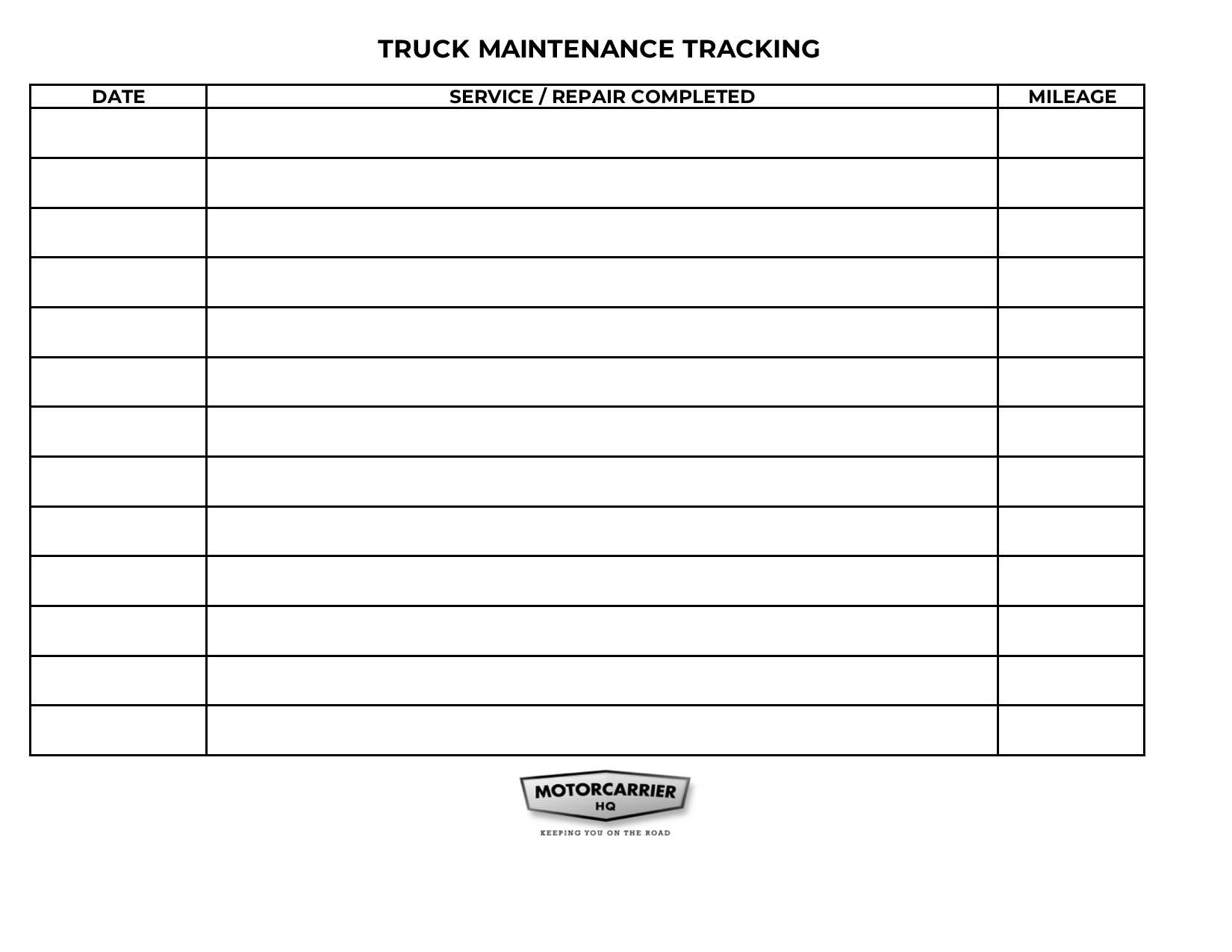 Truck maintenance tracking sheet
